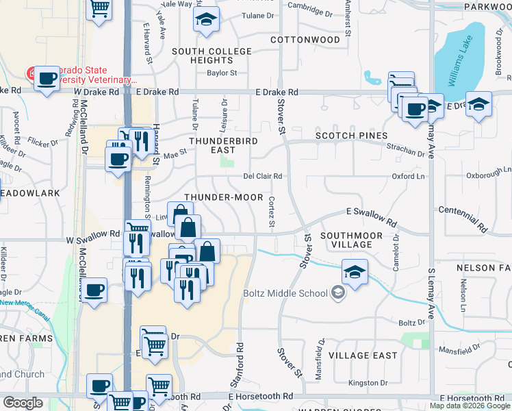 map of restaurants, bars, coffee shops, grocery stores, and more near 3024 Stanford Road in Fort Collins