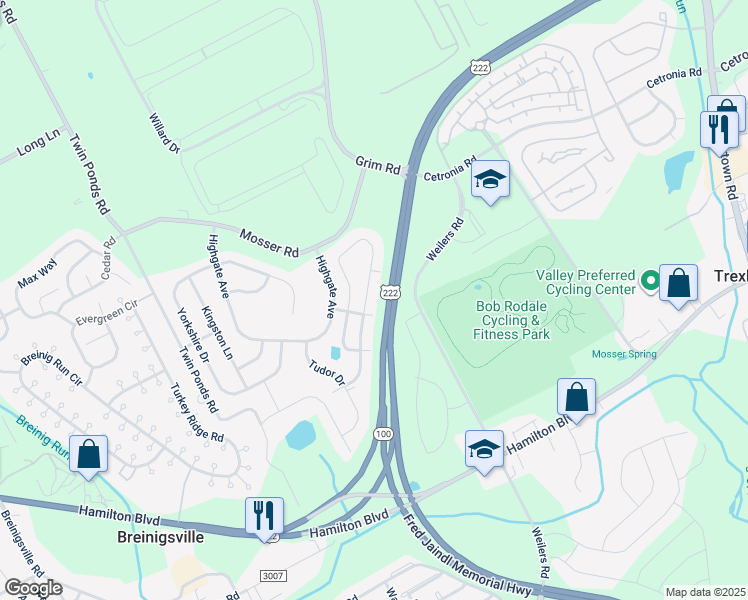 map of restaurants, bars, coffee shops, grocery stores, and more near 1051 King Way in Breinigsville