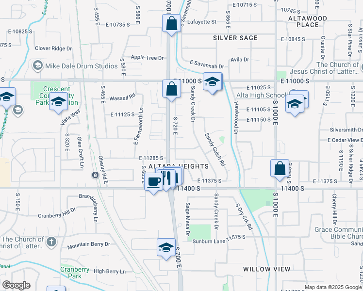 map of restaurants, bars, coffee shops, grocery stores, and more near 735 Dusty Creek Avenue in Sandy