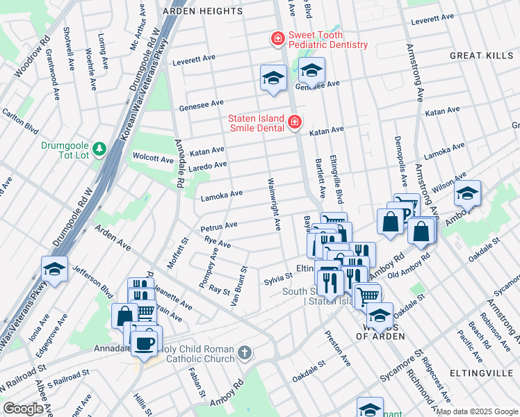 map of restaurants, bars, coffee shops, grocery stores, and more near 82 Serrell Avenue in Staten Island