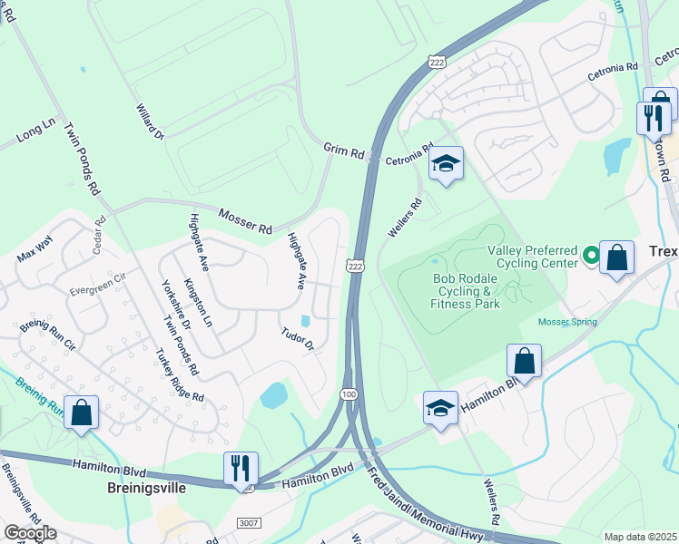 map of restaurants, bars, coffee shops, grocery stores, and more near 1051 King Way in Breinigsville