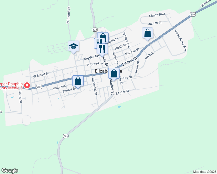 map of restaurants, bars, coffee shops, grocery stores, and more near 77 Mayfield Street in Elizabethville