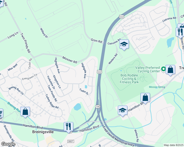 map of restaurants, bars, coffee shops, grocery stores, and more near 1052 King Way in Breinigsville