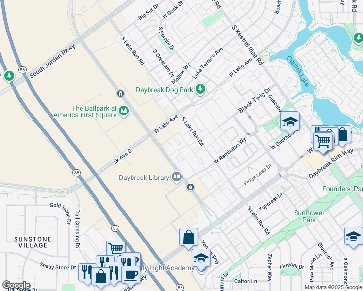 map of restaurants, bars, coffee shops, grocery stores, and more near 5192 West Black Twig Drive in South Jordan