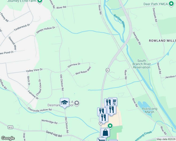 map of restaurants, bars, coffee shops, grocery stores, and more near 6 Red Robin Way in Flemington