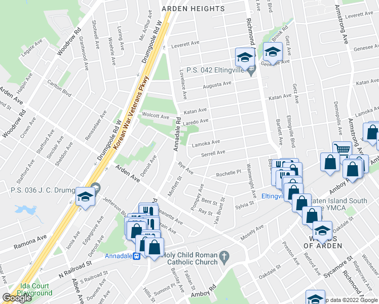 map of restaurants, bars, coffee shops, grocery stores, and more near 11 Mott Street in Staten Island