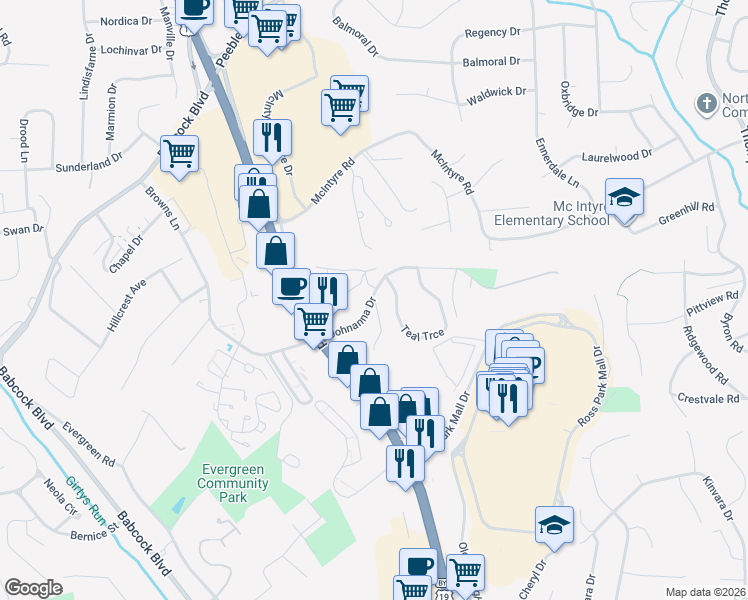 map of restaurants, bars, coffee shops, grocery stores, and more near 1234 Quail Roost Road in Pittsburgh
