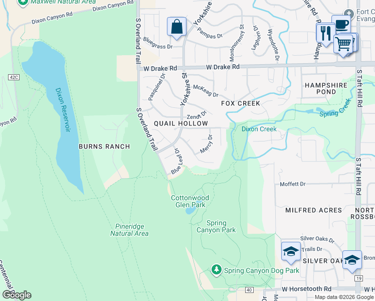map of restaurants, bars, coffee shops, grocery stores, and more near 2743 Dixon Creek Lane in Fort Collins