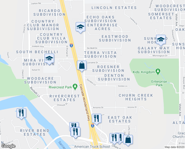 map of restaurants, bars, coffee shops, grocery stores, and more near 1081 Denton Way in Redding