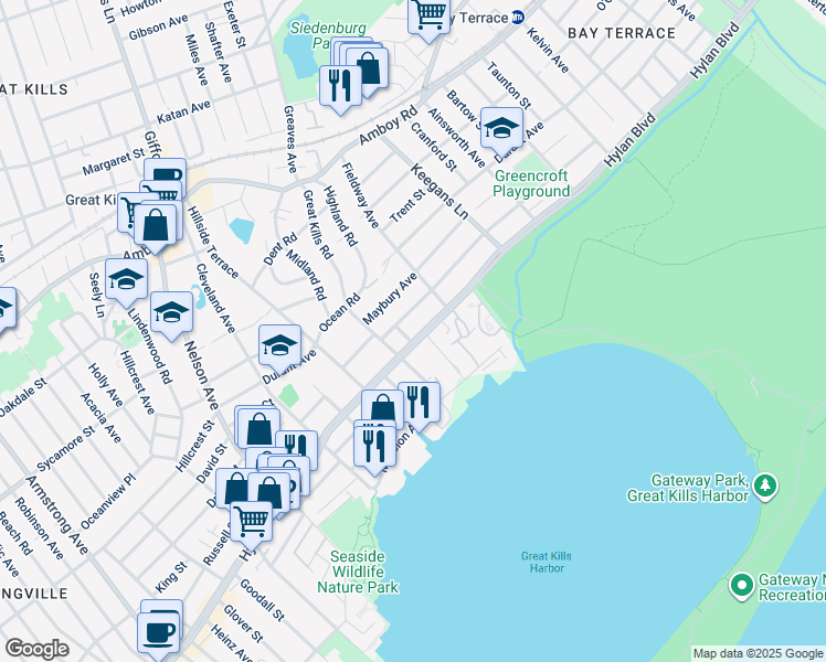 map of restaurants, bars, coffee shops, grocery stores, and more near 3774 Hylan Boulevard in Staten Island