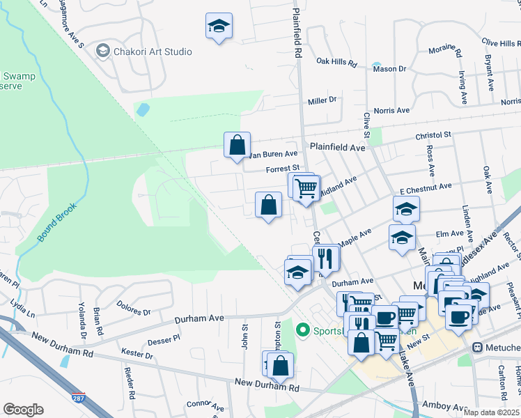 map of restaurants, bars, coffee shops, grocery stores, and more near 2-70 Leonard Street in Metuchen