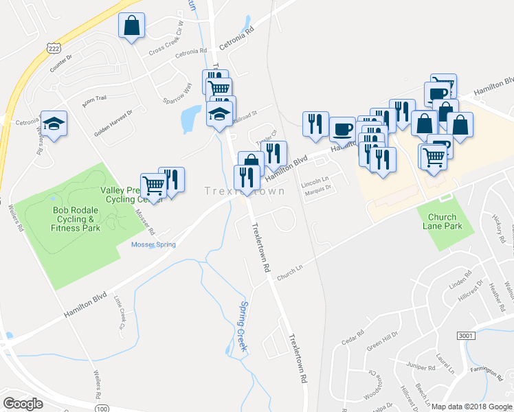 map of restaurants, bars, coffee shops, grocery stores, and more near 7608 Brandywine Circle in Trexlertown
