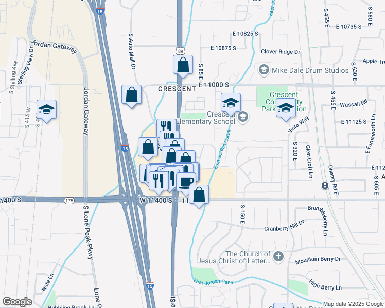 map of restaurants, bars, coffee shops, grocery stores, and more near 11251 U.S. 89 in Sandy