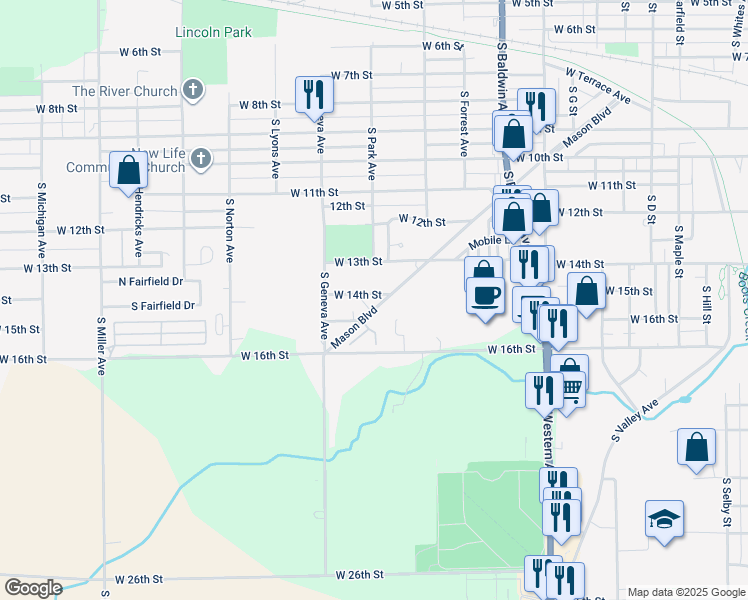 map of restaurants, bars, coffee shops, grocery stores, and more near 1717 Mason Boulevard in Marion