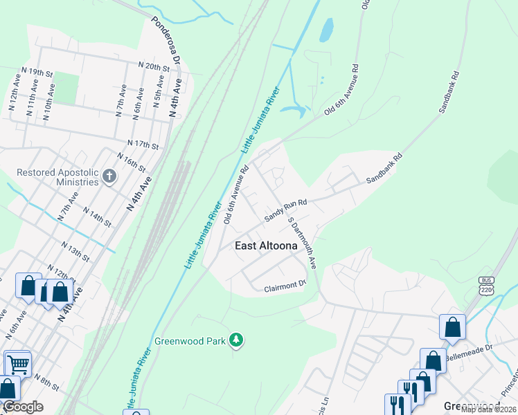 map of restaurants, bars, coffee shops, grocery stores, and more near 101-199 Daily Street in Altoona