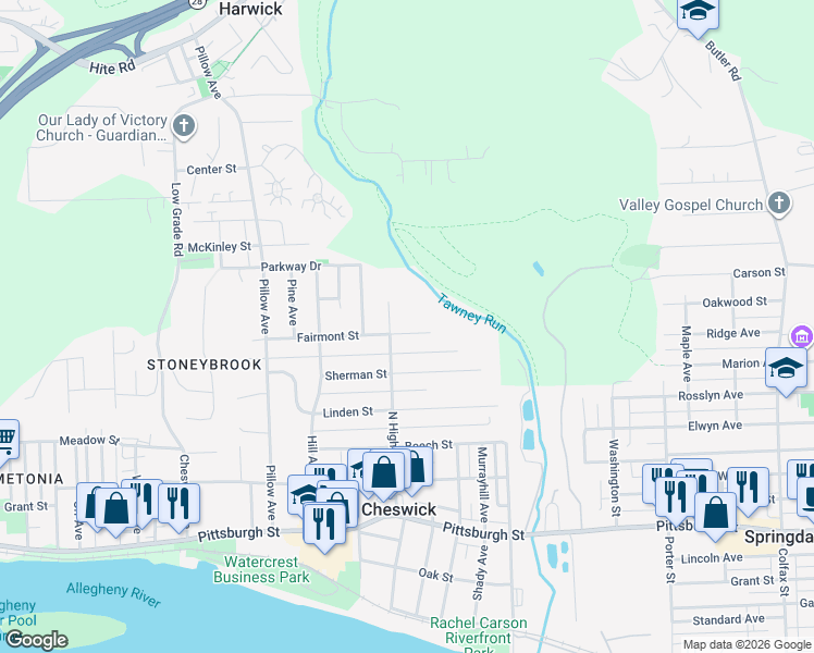 map of restaurants, bars, coffee shops, grocery stores, and more near 1514 Fairmont Street in Cheswick