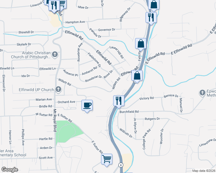 map of restaurants, bars, coffee shops, grocery stores, and more near 251 Willett Road in Glenshaw