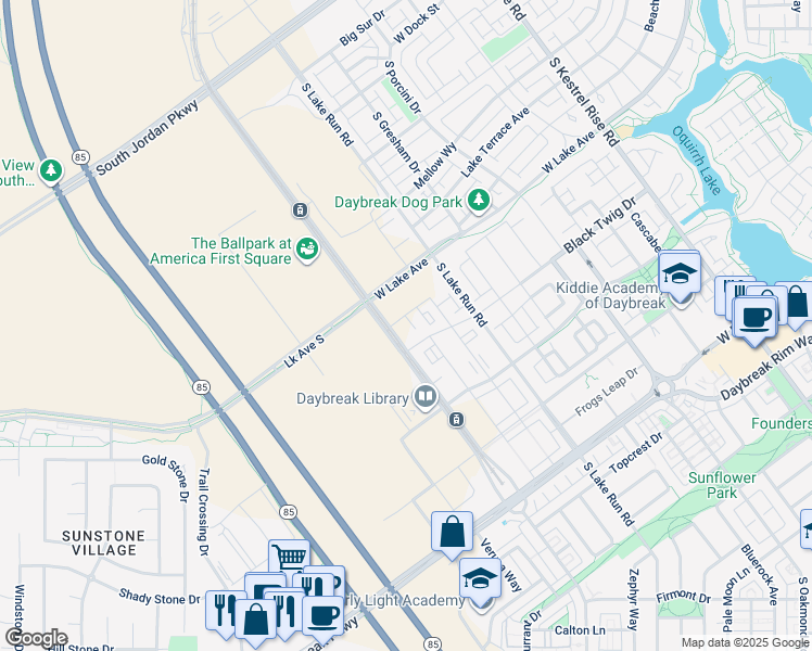 map of restaurants, bars, coffee shops, grocery stores, and more near 5263 West Reventon Drive in South Jordan