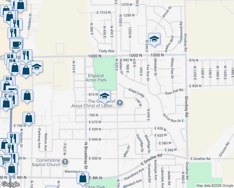 map of restaurants, bars, coffee shops, grocery stores, and more near 515 East 770 North in Tooele