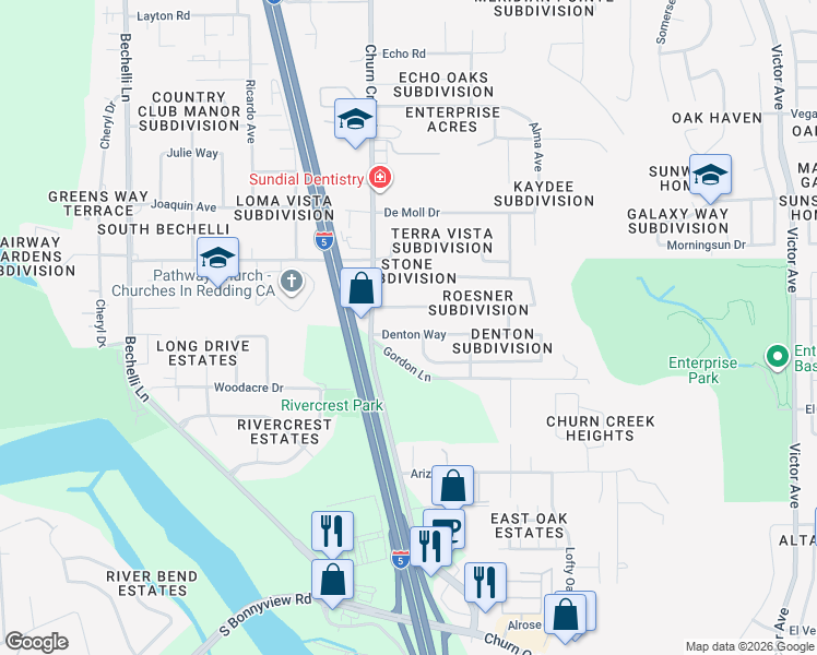 map of restaurants, bars, coffee shops, grocery stores, and more near 1096 Denton Way in Redding