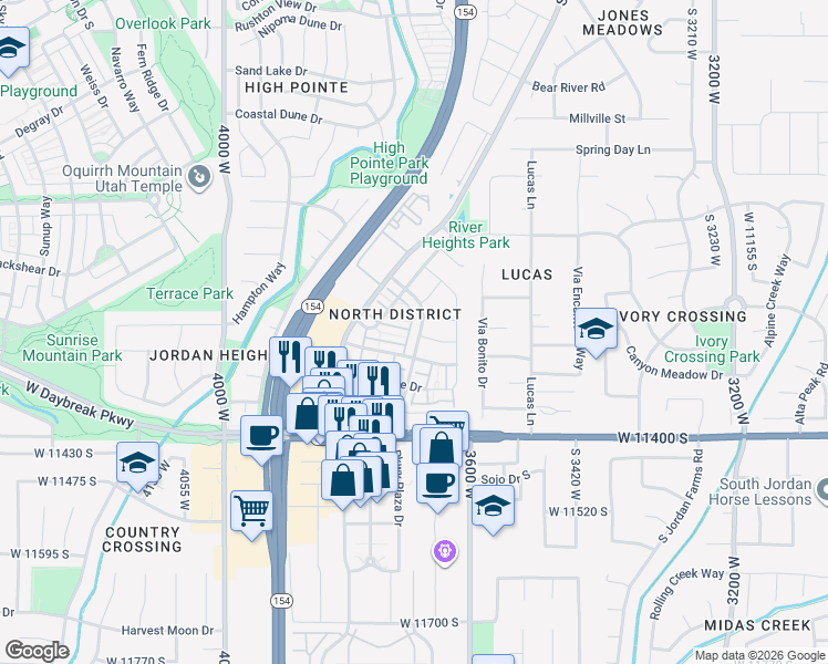map of restaurants, bars, coffee shops, grocery stores, and more near 11228 Summerheights Drive in South Jordan