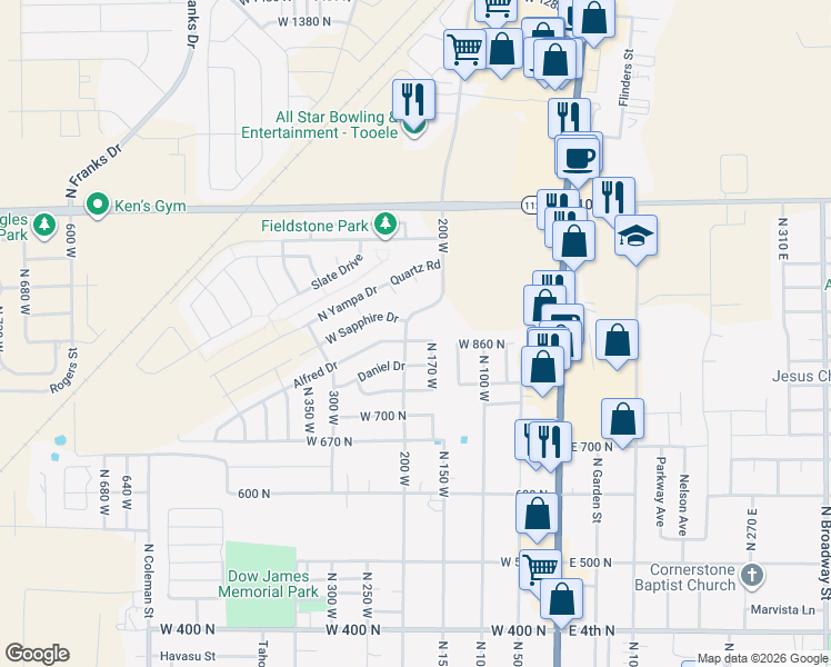 map of restaurants, bars, coffee shops, grocery stores, and more near 186 Alfred Drive in Tooele