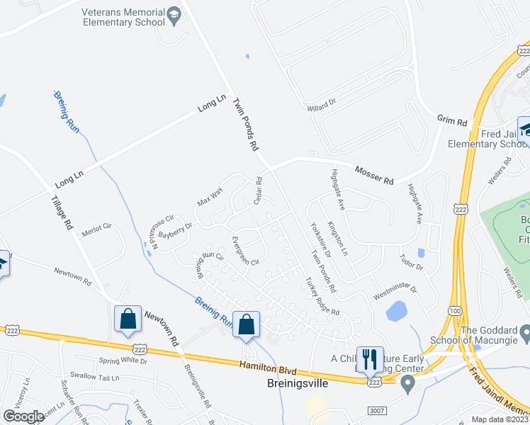 map of restaurants, bars, coffee shops, grocery stores, and more near 8753 Evergreen Circle in Breinigsville