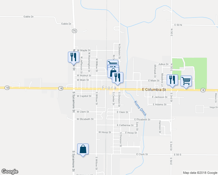 map of restaurants, bars, coffee shops, grocery stores, and more near in Flora