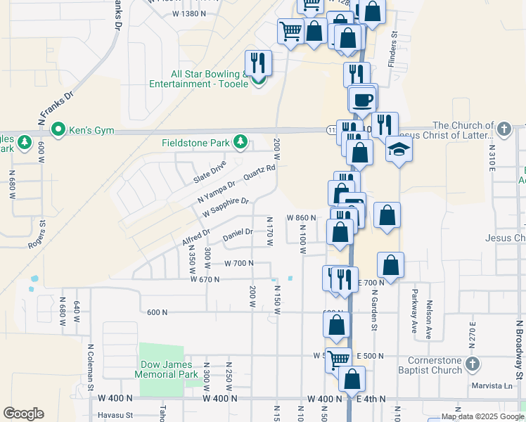 map of restaurants, bars, coffee shops, grocery stores, and more near 182 Alfred Drive in Tooele