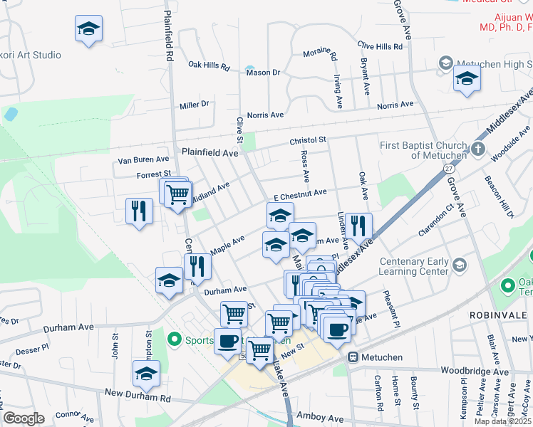 map of restaurants, bars, coffee shops, grocery stores, and more near 607 Main Street in Metuchen
