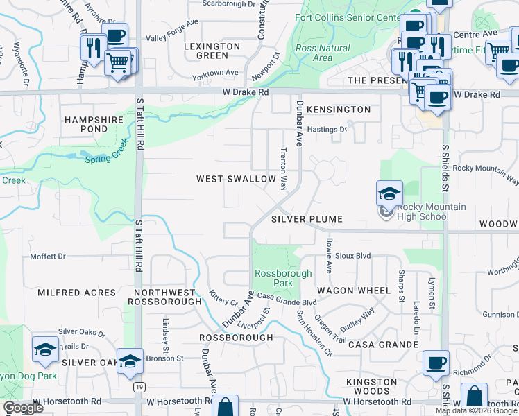 map of restaurants, bars, coffee shops, grocery stores, and more near in Fort Collins