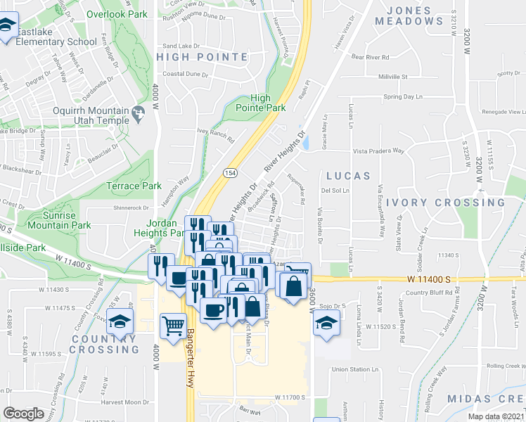 map of restaurants, bars, coffee shops, grocery stores, and more near 3744 Mandrake Way in South Jordan