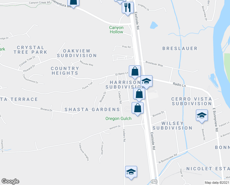 map of restaurants, bars, coffee shops, grocery stores, and more near 2030 Riviera Drive in Redding