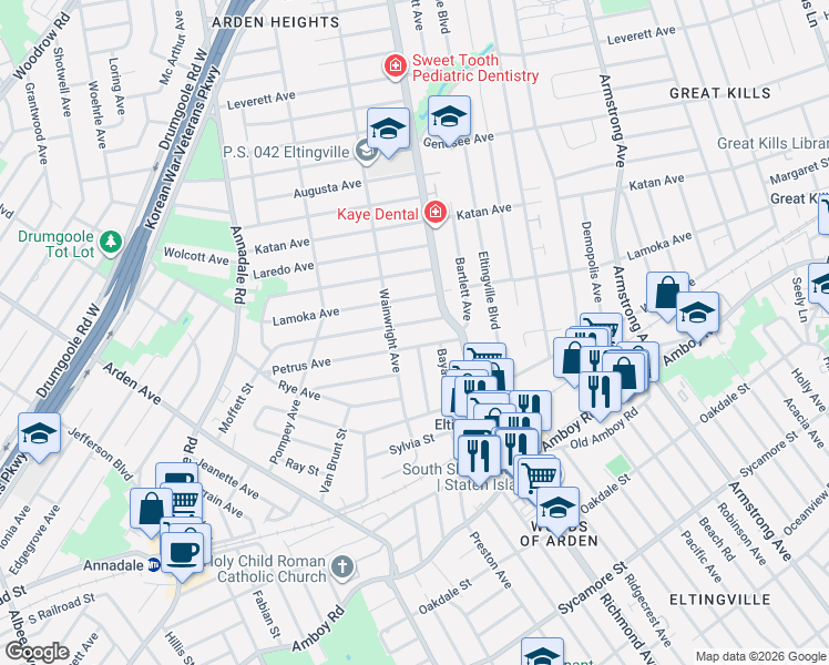 map of restaurants, bars, coffee shops, grocery stores, and more near 11 Serrell Avenue in Staten Island