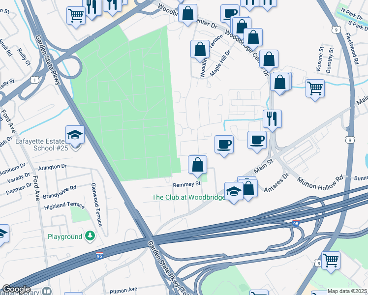 map of restaurants, bars, coffee shops, grocery stores, and more near 7 Highview Drive in Woodbridge Township