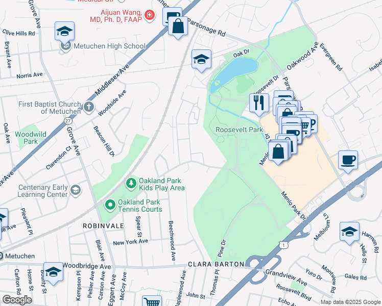 map of restaurants, bars, coffee shops, grocery stores, and more near 1-29 Koster Boulevard in Edison
