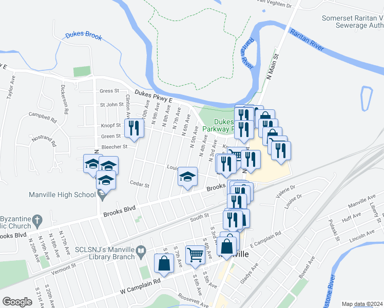 map of restaurants, bars, coffee shops, grocery stores, and more near 269 North 4th Avenue in Manville