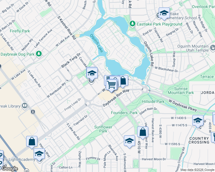 map of restaurants, bars, coffee shops, grocery stores, and more near 4700 West Daybreak Parkway in South Jordan