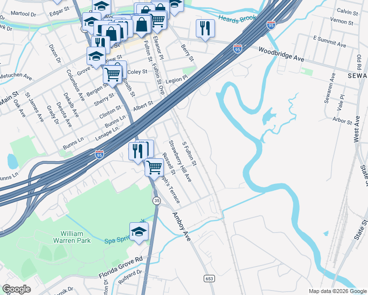 map of restaurants, bars, coffee shops, grocery stores, and more near 170 South Fulton Street in Woodbridge Township