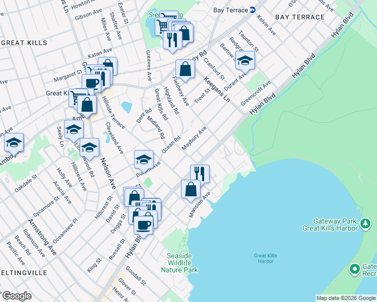 map of restaurants, bars, coffee shops, grocery stores, and more near 287 Maybury Avenue in Staten Island