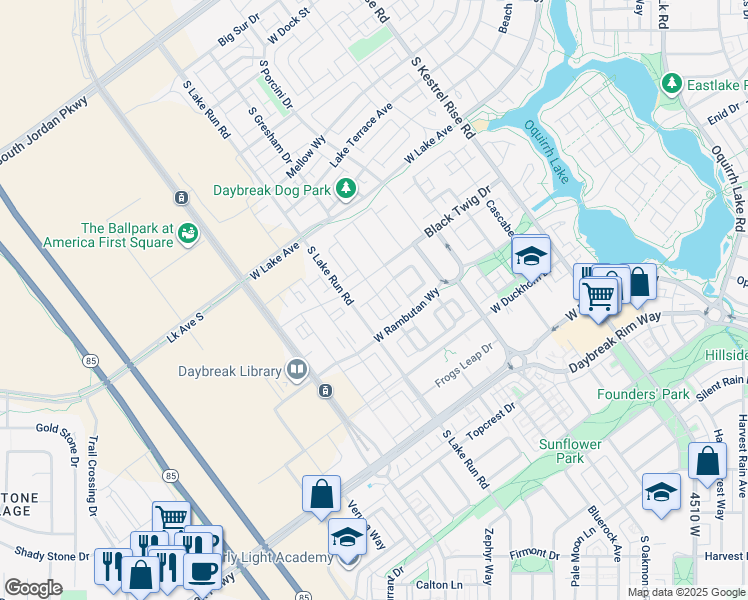 map of restaurants, bars, coffee shops, grocery stores, and more near 11224 Jonagold Drive in South Jordan