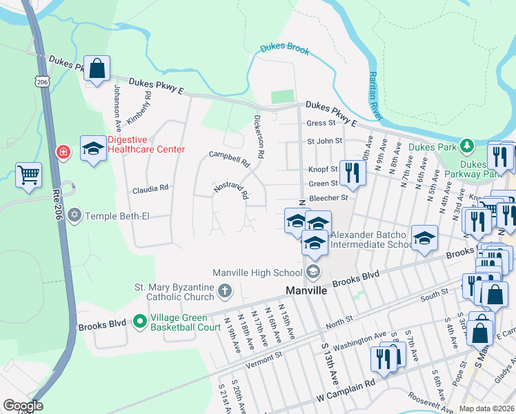 map of restaurants, bars, coffee shops, grocery stores, and more near 44 Nostrand Road in Somerset County