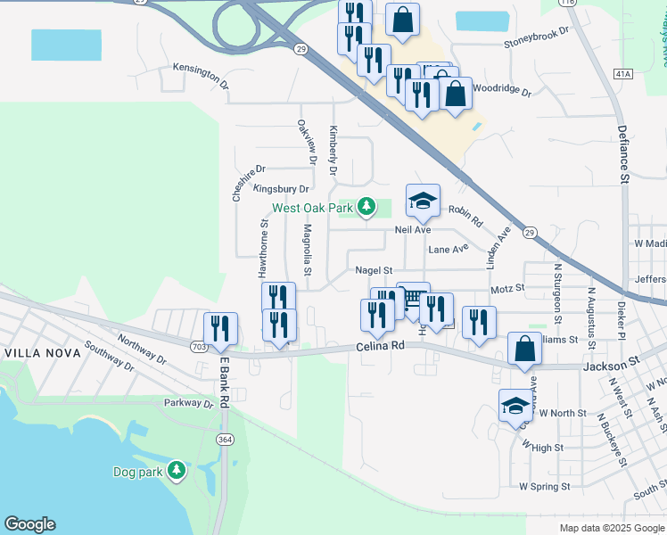 map of restaurants, bars, coffee shops, grocery stores, and more near 815 Kimberly Drive in Saint Marys
