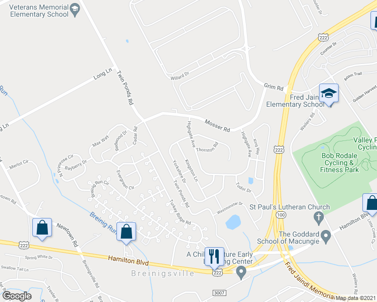 map of restaurants, bars, coffee shops, grocery stores, and more near 905 Kingston Lane in Breinigsville