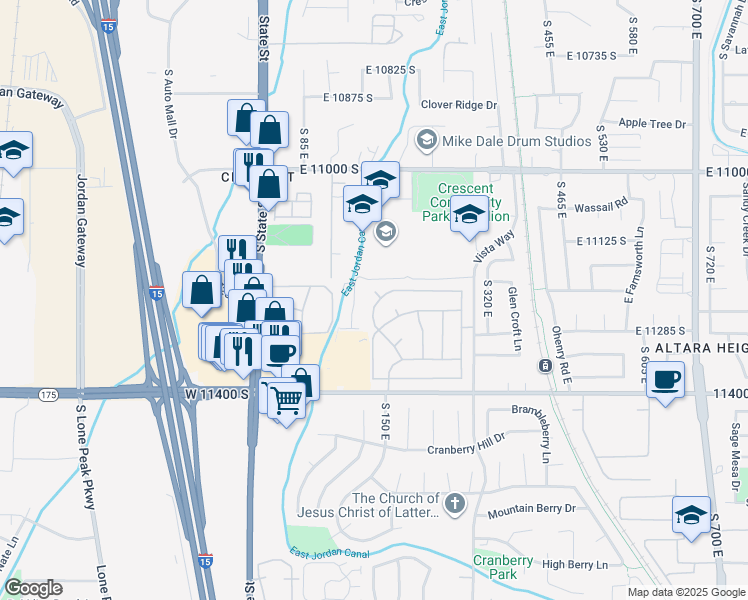 map of restaurants, bars, coffee shops, grocery stores, and more near 11228 South Jordan View Drive in Sandy