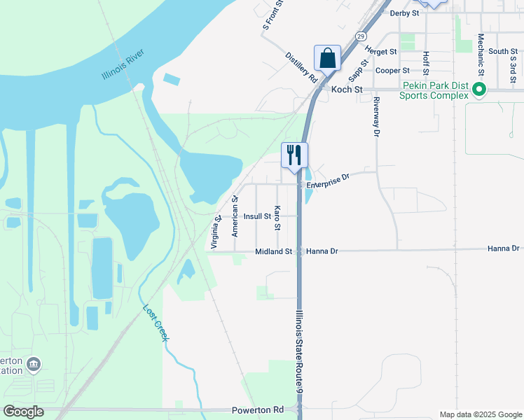 map of restaurants, bars, coffee shops, grocery stores, and more near 1806 Quaker Street in Pekin