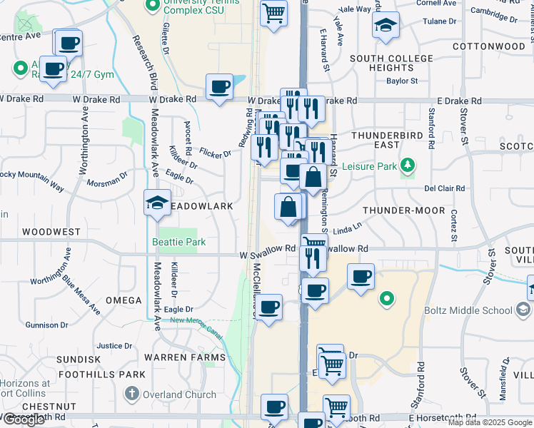 map of restaurants, bars, coffee shops, grocery stores, and more near 2832 McClelland Drive in Fort Collins