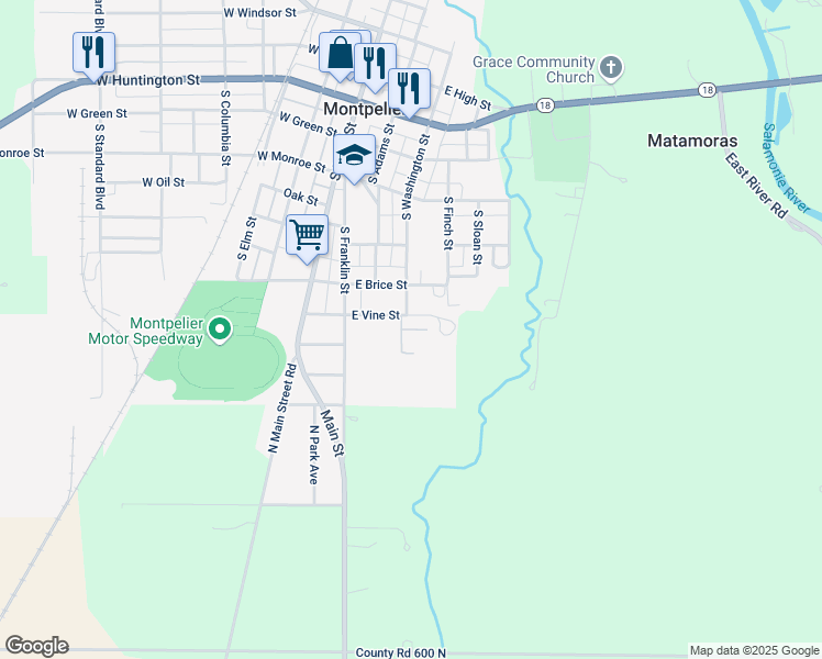 map of restaurants, bars, coffee shops, grocery stores, and more near 224 East Vine Street in Montpelier