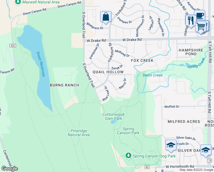 map of restaurants, bars, coffee shops, grocery stores, and more near 2874 Blue Leaf Drive in Fort Collins
