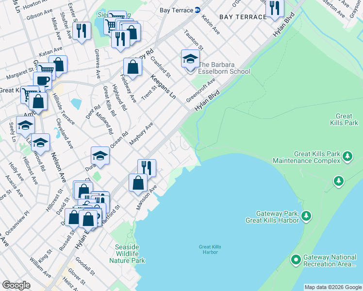 map of restaurants, bars, coffee shops, grocery stores, and more near 35 Fairlawn Loop in Staten Island